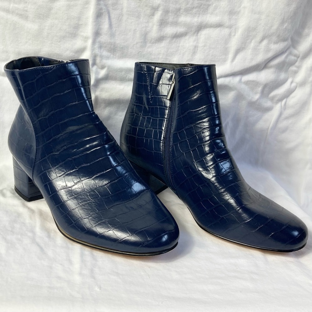 Navy Blue Heeled Boots Business Casual Faux Leather Crocodile PU